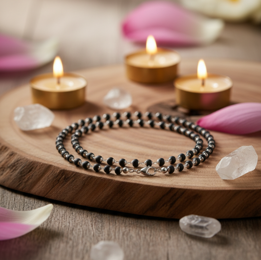 Silver Plated Karungali Mala - 100% Natural Ebony Wood